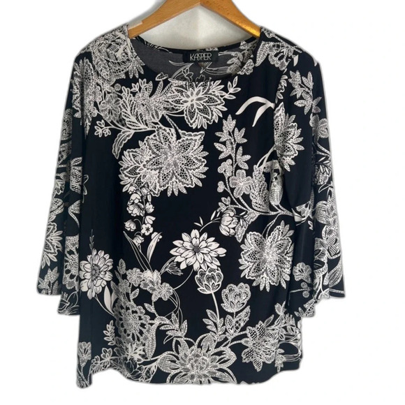 Kasper Tops - Kasper Black & White Floral Scoop Neck 3/4 Bell Sleeve Blouse‎ Sz MD